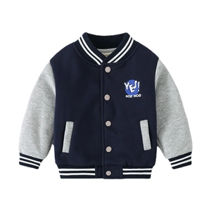 Thick navy blue and grey kids baseball jacket with warm lining and round embroidery