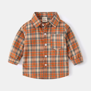 Classic orange and green plaid long-sleeve cotton shirt for boys with front chest pocket