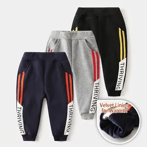 Boys Fleece Lined Thickened Sweatpants Winter Warm Sports Joggers With Letter Print Contrast Stripes Cotton Blend Kids Pants