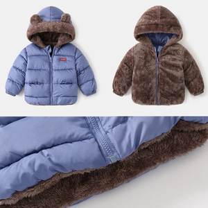 Reversible hooded winter jacket for boys featuring bear ears and thick fleece lining