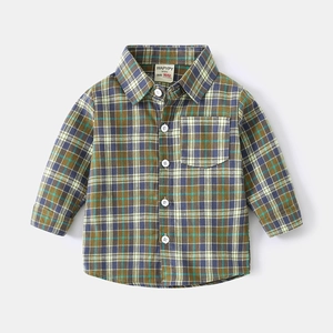 Classic olive and brown plaid long sleeve cotton shirt for boys in retro preppy style