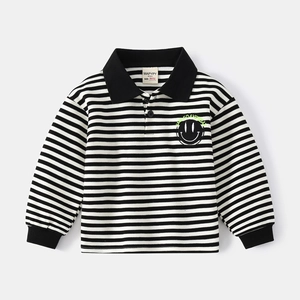 Boys Striped Long Sleeve Polo Shirt Cotton Blend Lapel Sweatshirt Smile Print Casual Kids Spring Autumn Pullover Top