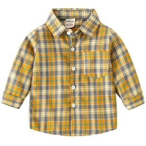 Classic yellow plaid long-sleeve cotton shirt for boys with front buttons and chest pocket
