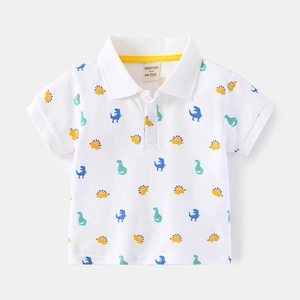 White boys cotton polo shirt with colorful cartoon dinosaur prints for summer wear