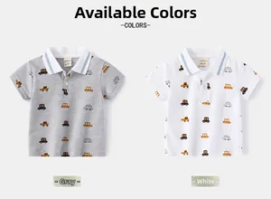 Détail de polos en coton montrant les options gris et blanc avec motifs de voitures
