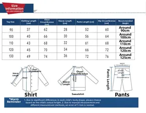 Detailed size chart for kids striped sweatshirt set showing length and bust measurements