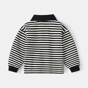 Kids long sleeve striped polo shirt with black ribbed collar and casual fit style