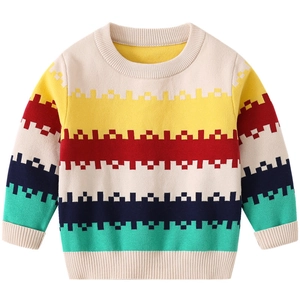 Kids colorful geometric stripe knit sweater with ribbed cuffs on white background