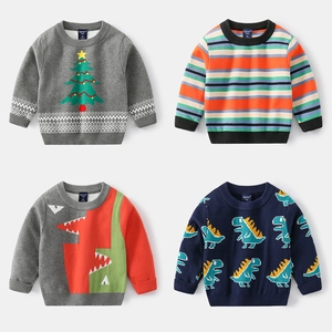 Kids Knitted Pullover Sweater Casual Cotton Blend Long Sleeve Round Neck Top With Cartoon Dinosaur Christmas Tree Patterns