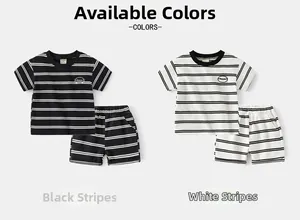 Détails d'un ensemble t-shirt et short rayé pour garçon en coloris noir et blanc