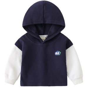 Sweat à capuche en maille gaufre pour garçons, design patchwork bleu marine et blanc