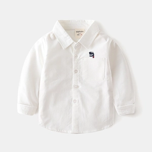 Kids long sleeve white cotton shirt with blue dinosaur embroidery and front pocket