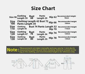 Tableau des tailles pour ensemble t-shirt enfant avec mesures de 90 à 130 cm