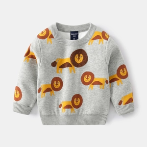 Classic grey kids crew neck sweater with cute cartoon lion pattern for autumn winter