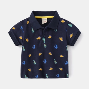 Navy blue boys short sleeve polo shirt with colorful all-over cartoon dinosaur prints