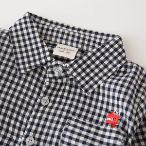 Classic black and white gingham kids long sleeve shirt with red dinosaur embroidery