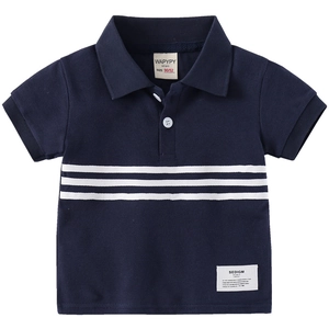 Classic navy blue kids' polo shirt with white stripes on breathable cotton fabric