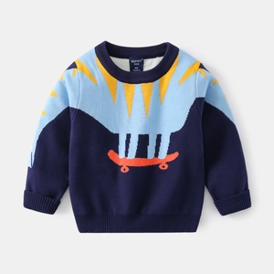 Classic navy blue knit sweater for boys featuring a cartoon character on a skateboard
