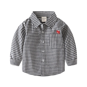 Kids long sleeve plaid shirt with dinosaur embroidery on chest pocket in black and white