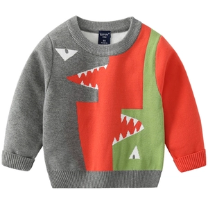 Kids knitted sweater with gray green orange dinosaur pattern and ribbed cuffs