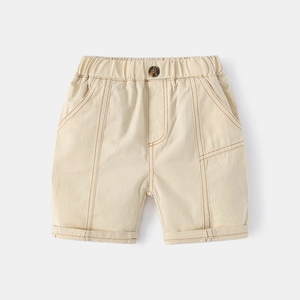 Beige cotton kids casual shorts featuring elastic waist and orange contrast stitching