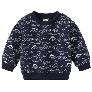 Kids navy dinosaur print sweatshirt with ribbed crewneck and long sleeves