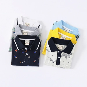 Boys' cotton short sleeve polo shirts in various colors with rocket and dinosaur prints