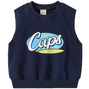 Sweat-shirt sans manches en coton bleu foncé pour garçon avec imprimé jaune et bords-côtes