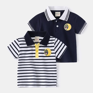 Polo da Bambino a Maniche Corte in Misto Cotone a Righe Blu Marino con Toppa Ricamata Revers Top Estivo Casual