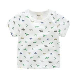 Boys Cartoon Dinosaur All-over Print Short Sleeve T-Shirt Cotton Crew Neck Summer Casual Top For Kids White Tee