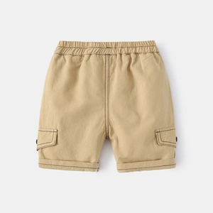 Boys khaki cargo shorts with elastic waist and contrast stitching in plain flat lay view