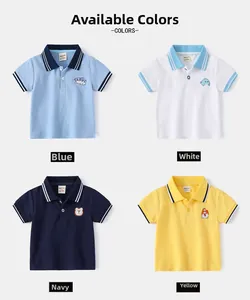 Detailed grid showing four colored cotton kids polo shirts with striped collars and embroidery