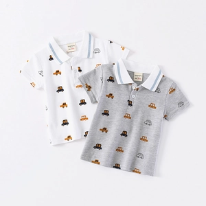 Polos à manches courtes pour garçons en coton avec imprimé voitures en blanc et gris