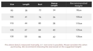 Detailed size chart for children fleece jacket with measurements for height 90cm to 130cm