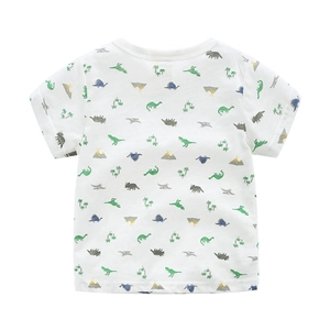Short-sleeved white cotton T-shirt for boys featuring colorful cartoon dinosaur prints