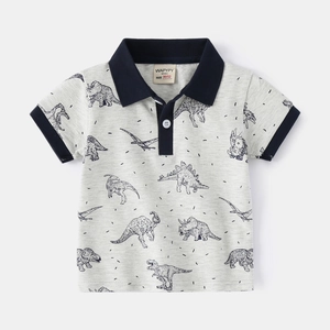 Boys' dinosaur print polo shirt in grey with navy accents and breathable pique fabric