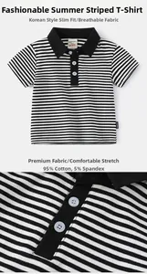 Detail of boys striped polo shirt showing 95% cotton fabric texture and ribbed collar
