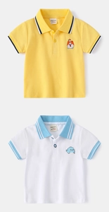 Close-up of ribbed cuffs and detailed embroidery on children cotton short-sleeve polo shirts