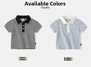 Close-up of boys' striped polo shirts with buttoned collars and textured fabric detail
