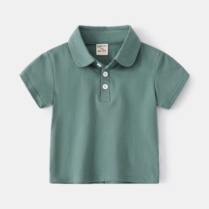 Front view of a minimalist short-sleeved cotton polo shirt for boys in sage green