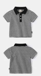 Detailed front and back views of boys striped polo shirt with black collar and buttons