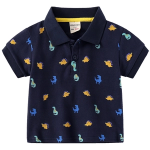Boys navy blue polo shirt with colorful dinosaur print and classic collar design