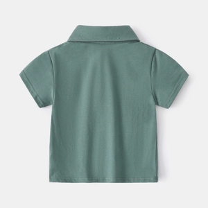 Back view of a plain sage green cotton short-sleeved polo shirt for kids with flat collar