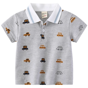 Polo gris pour garçons avec motifs de voitures et col rayé blanc pour l'été