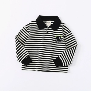 Classic black and white striped long sleeve Polo shirt for boys with Smile Day embroidery