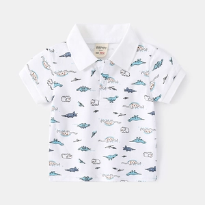 Toddler boys' white cotton polo shirt with all-over colorful cartoon dinosaur prints