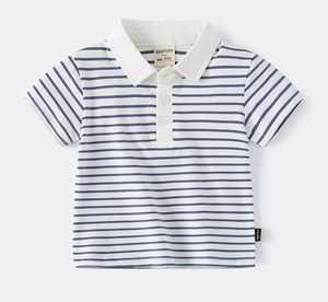 Detail of blue and white striped cotton polo shirt featuring white collar and logo tags