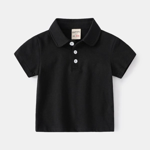 Close-up of black kids Polo shirt collar with breathable pique fabric and white buttons