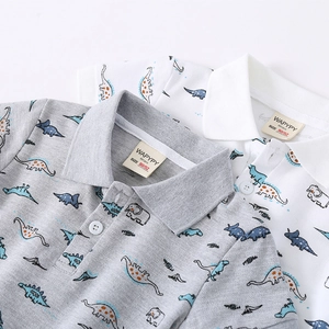 Boys' cotton polo shirt with dinosaur and elephant cartoon prints in grey and white
