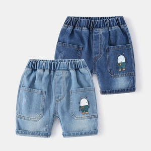 Boys Cartoon Robot Printed Denim Shorts Elastic Waist Soft Cotton Summer Casual Knee Length Jeans For Kids Children Bottoms